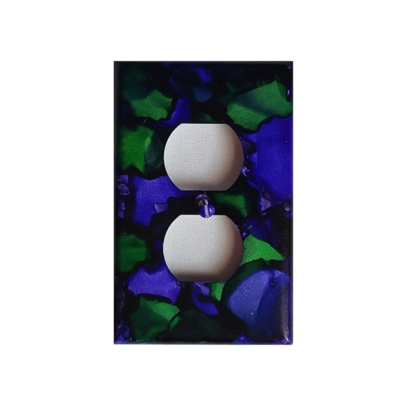 Hand Crafted Purple and Green Abstract Design Duplex Outlet Wall Plate - Picture 2 of 2